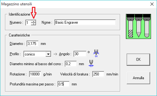 In questa finestra impostiamo i parametri per ogni utensile